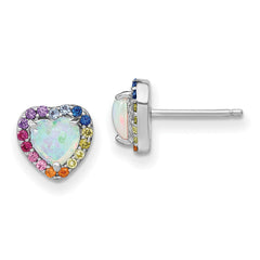 Prizma Sterling Silver Rhodium-plated Lab Created Opal and Colorful CZ Heart Post Earrings