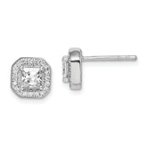 Sterling Silver Rhodium Plated Square Clear Center and Clear CZ Post Earrings