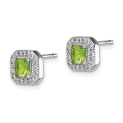 Sterling Silver Rhodium Plated Square Green and Clear CZ Post Earrings