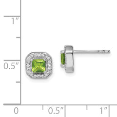 Sterling Silver Rhodium Plated Square Green and Clear CZ Post Earrings