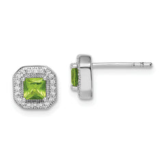 Sterling Silver Rhodium Plated Square Green and Clear CZ Post Earrings