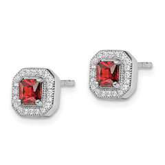 Sterling Silver Rhodium Plated Square Red CZ and Clear CZ Post Earrings