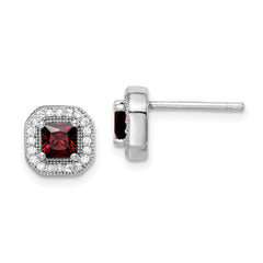 Sterling Silver Rhodium Plated Square Red CZ and Clear CZ Post Earrings