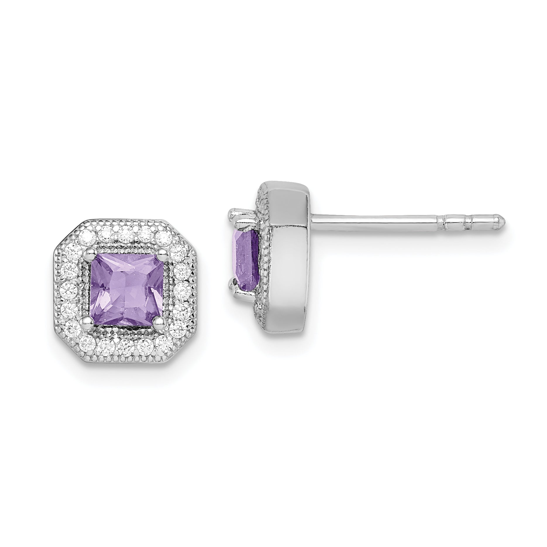 Sterling Silver Rhodium Plated Square Light Purple and Clear CZ Post Earrings