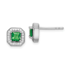 Sterling Silver Rhodium Plated Square Green and Clear CZ Post Earrings