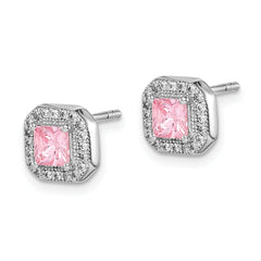 Sterling Silver Rhodium Plated Square Pink CZ and Clear CZ Post Earrings