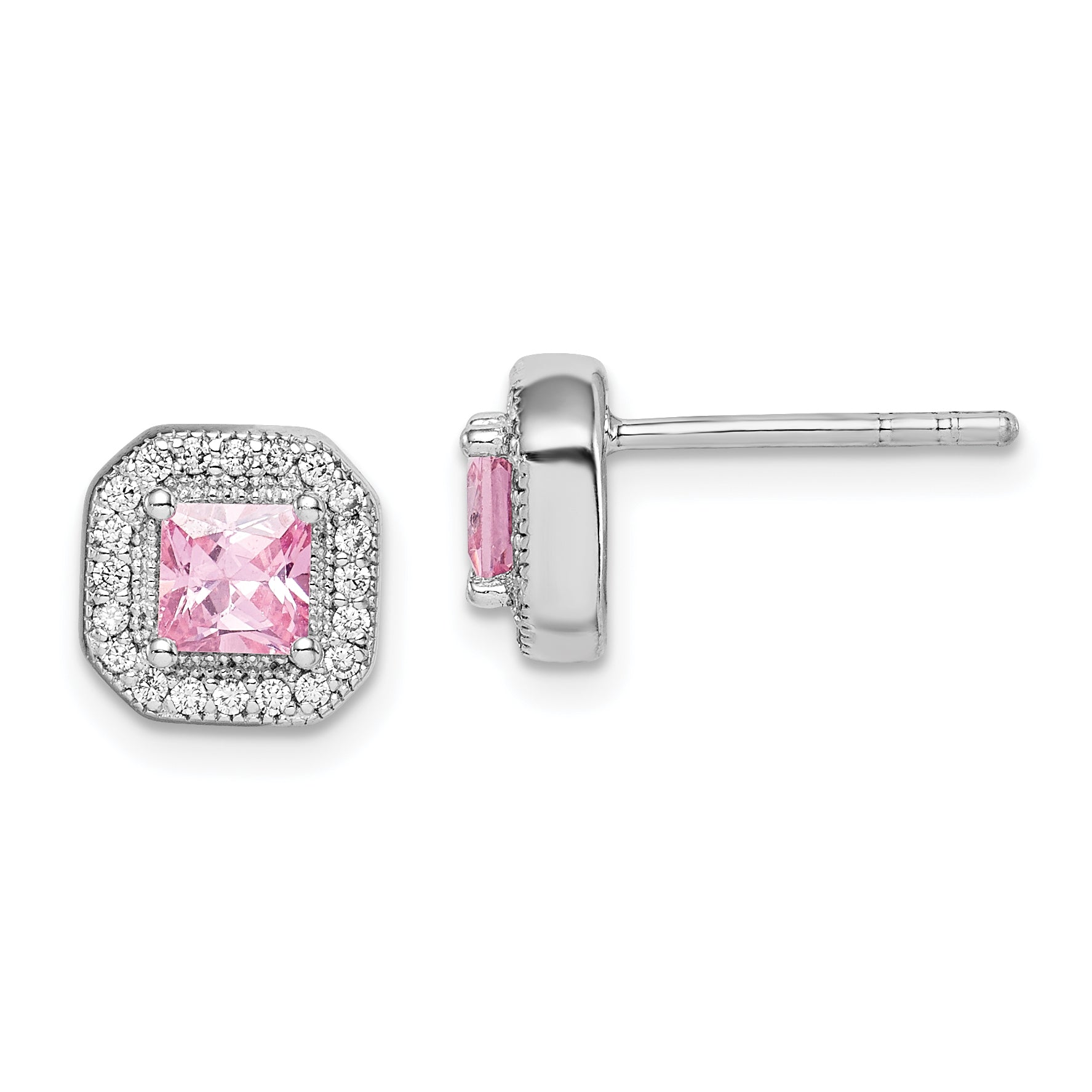 Sterling Silver Rhodium Plated Square Pink CZ and Clear CZ Post Earrings