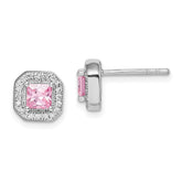 Sterling Silver Rhodium Plated Square Pink CZ and Clear CZ Post Earrings