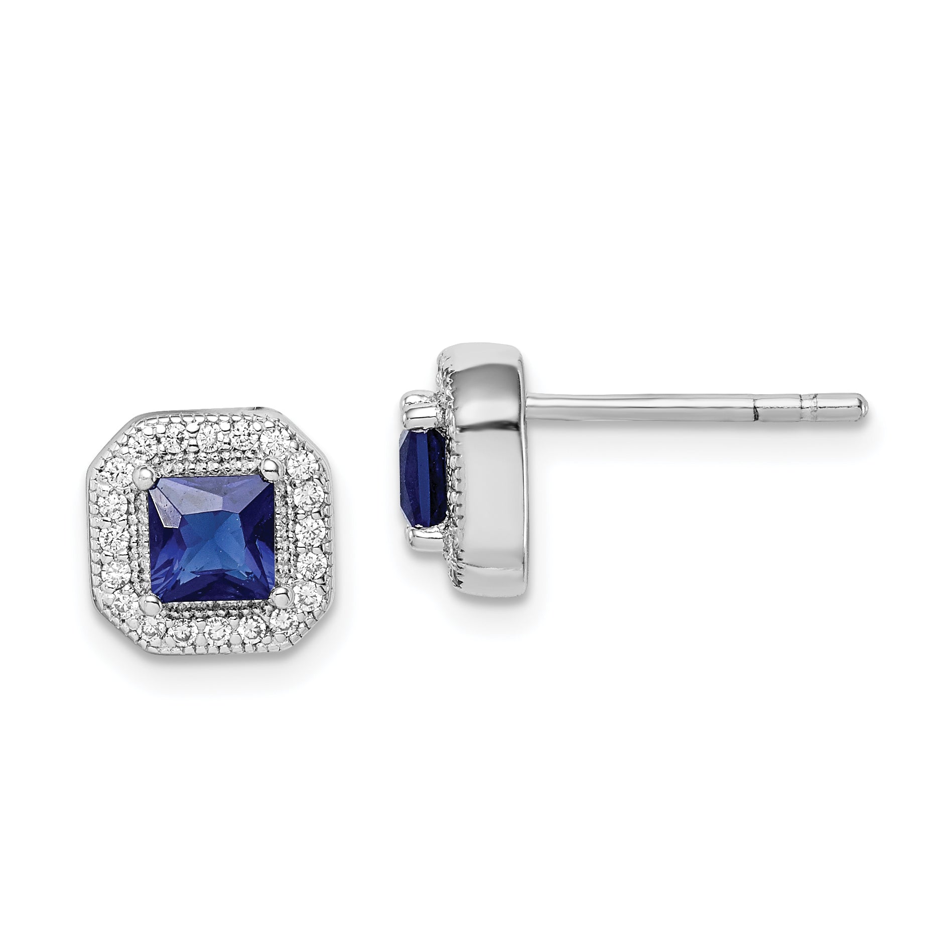 Sterling Silver Rhodium Plated Square Blue and Clear CZ Post Earrings