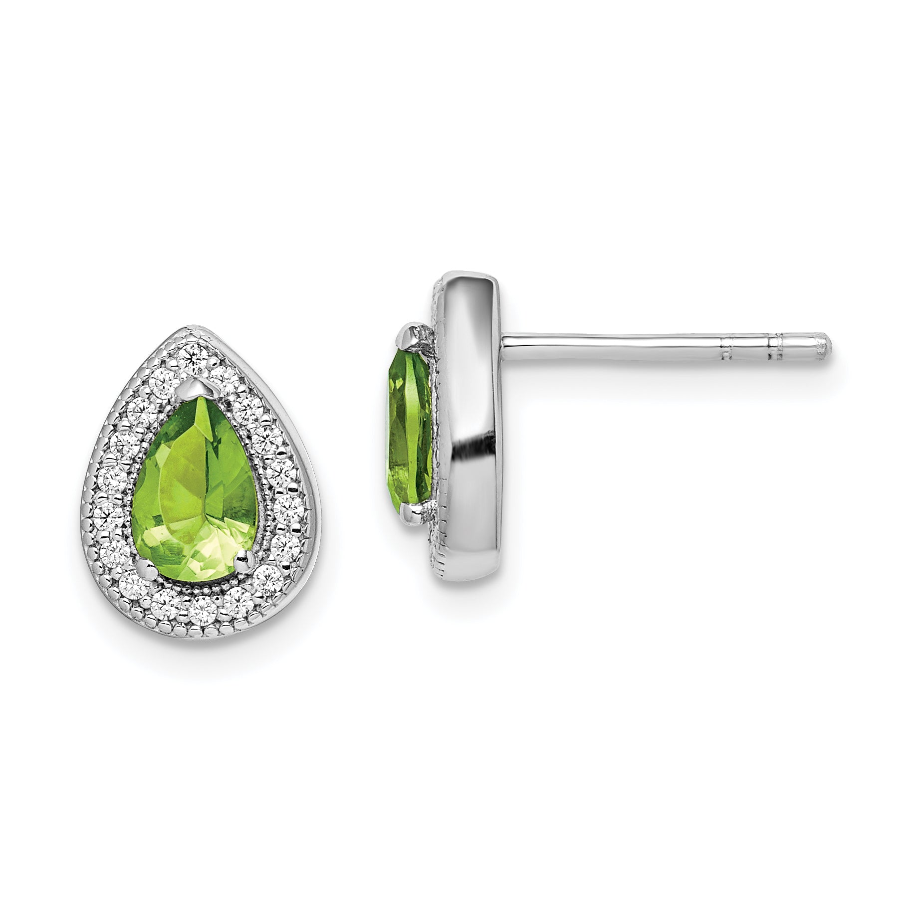 Sterling Silver Rhodium Plated Green and Clear CZ Post Earrings
