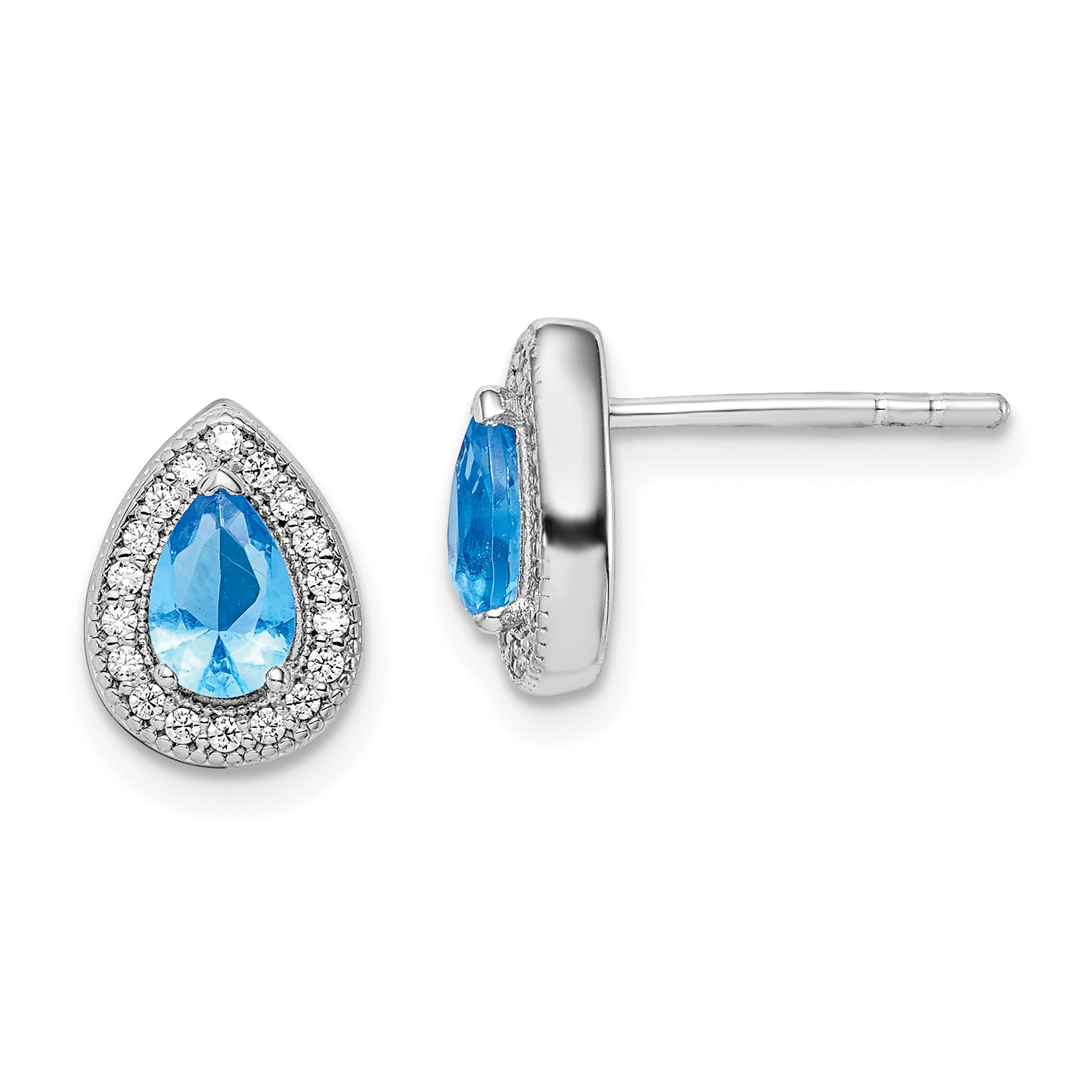 Sterling Silver Rhodium Plated Blue and Clear CZ Post Earrings