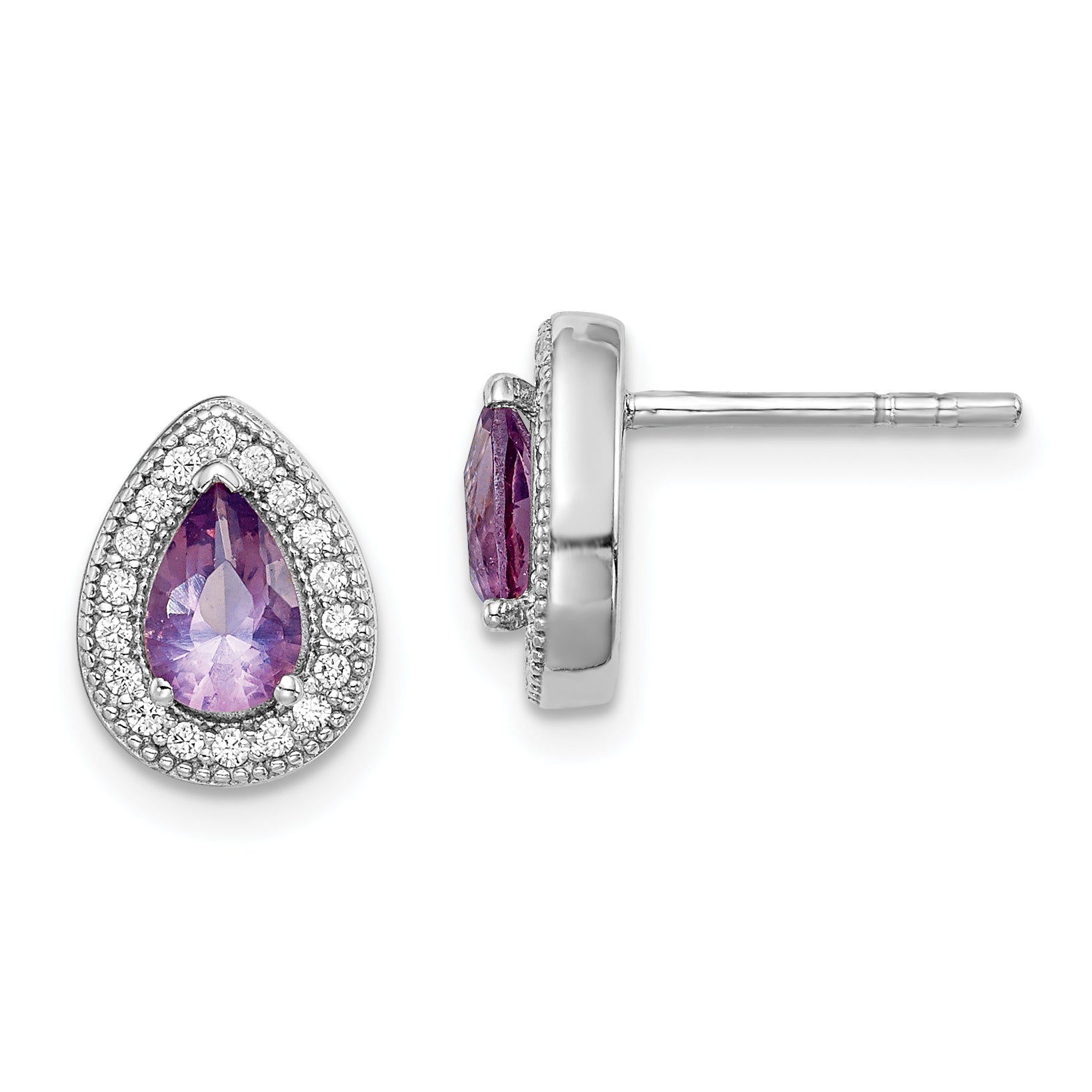 Sterling Silver Rhodium-Plated Purple and Clear CZ Post Earrings