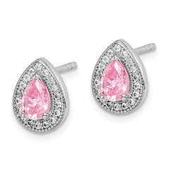 Sterling Silver Rhodium Plated Pink and Clear CZ Post Earrings