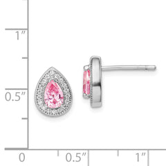Sterling Silver Rhodium Plated Pink and Clear CZ Post Earrings