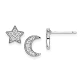 Sterling Silver Rhodium-Plated CZ Star and Moon Left/Right Earrings