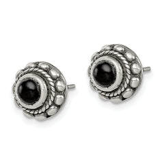 Sterling Silver Polished & Antiqued Textured Onyx Round Post Earrings