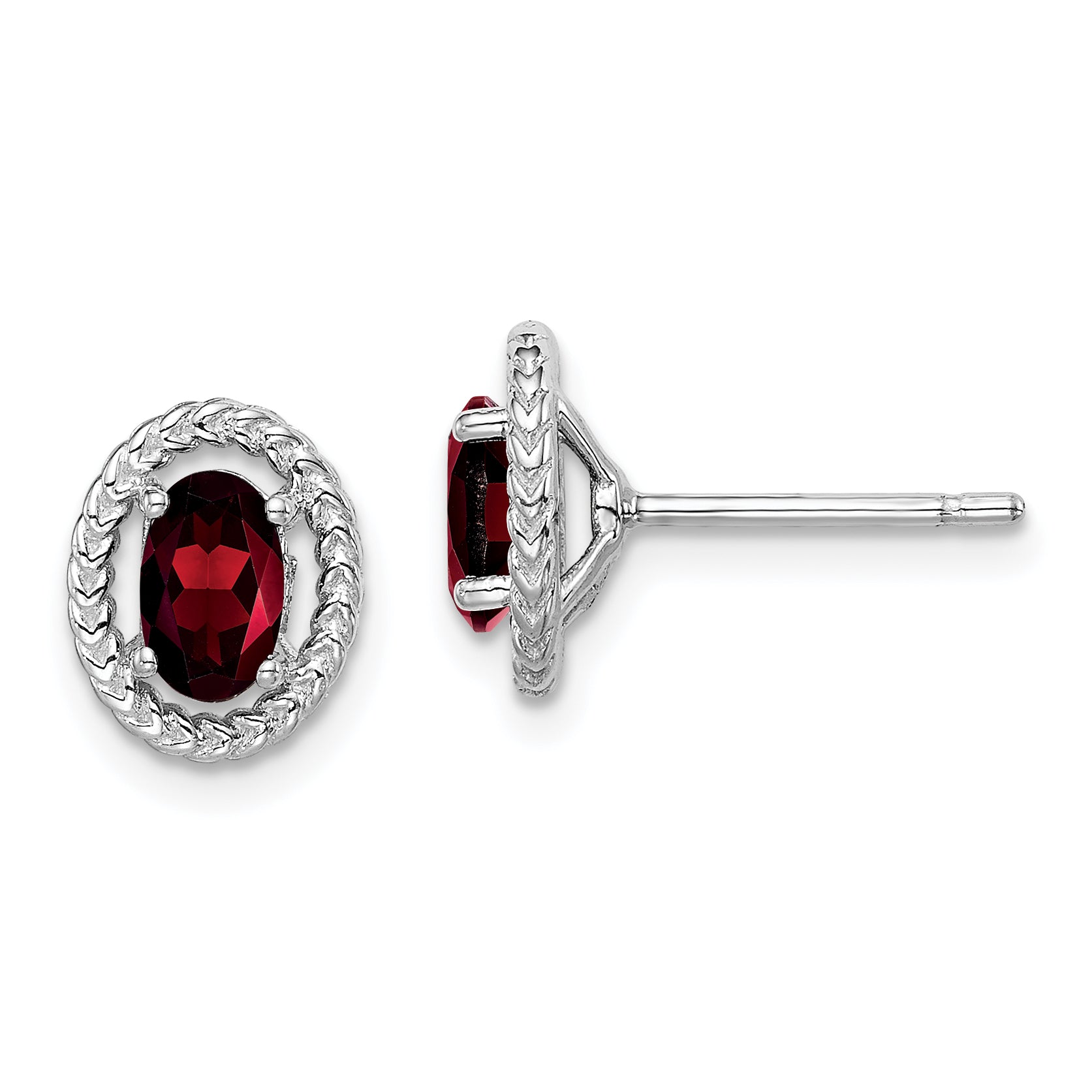 Sterling Silver Rhodium-plated Garnet Oval Post Earrings