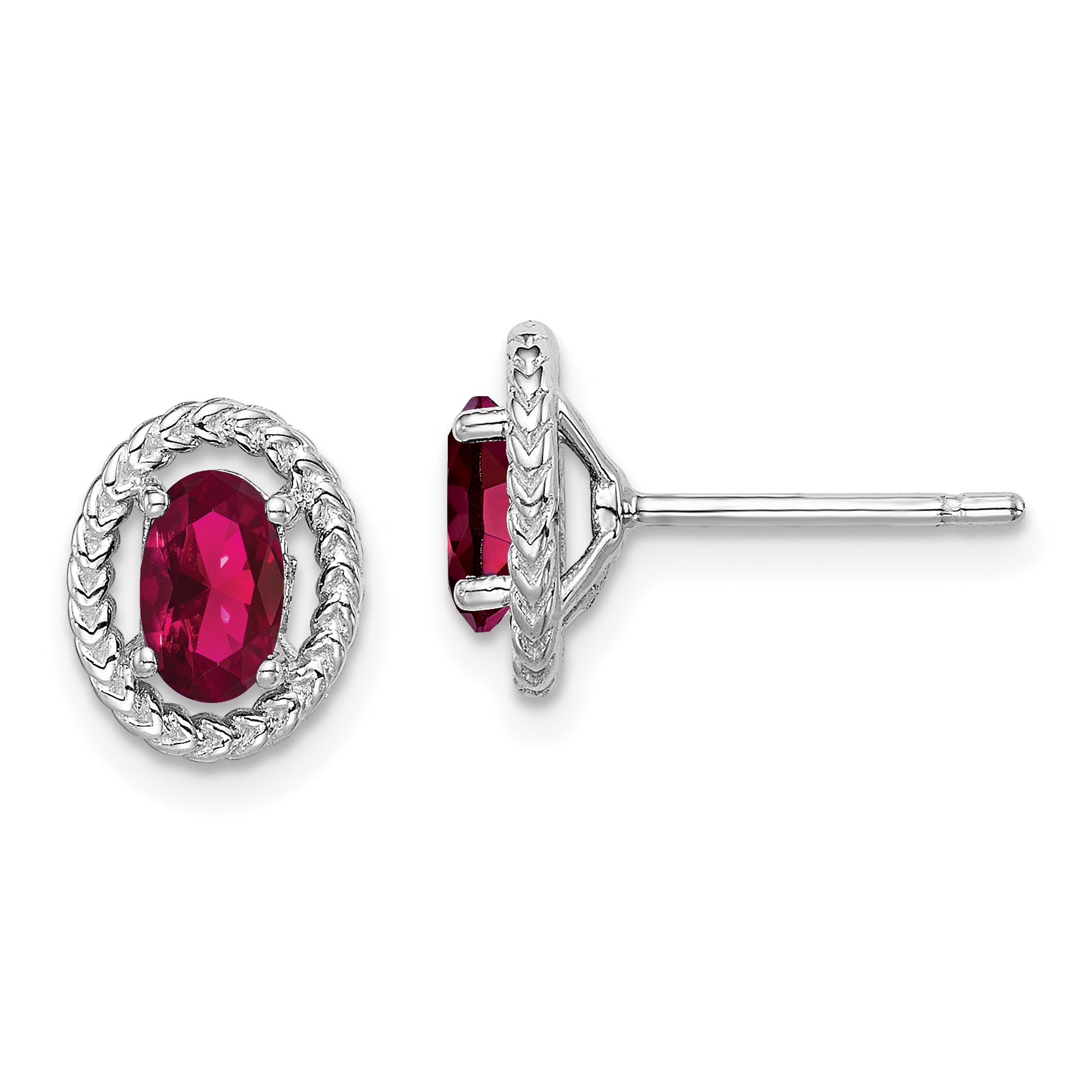 Sterling Silver Rhod-plat Created Ruby Oval Post Earrings