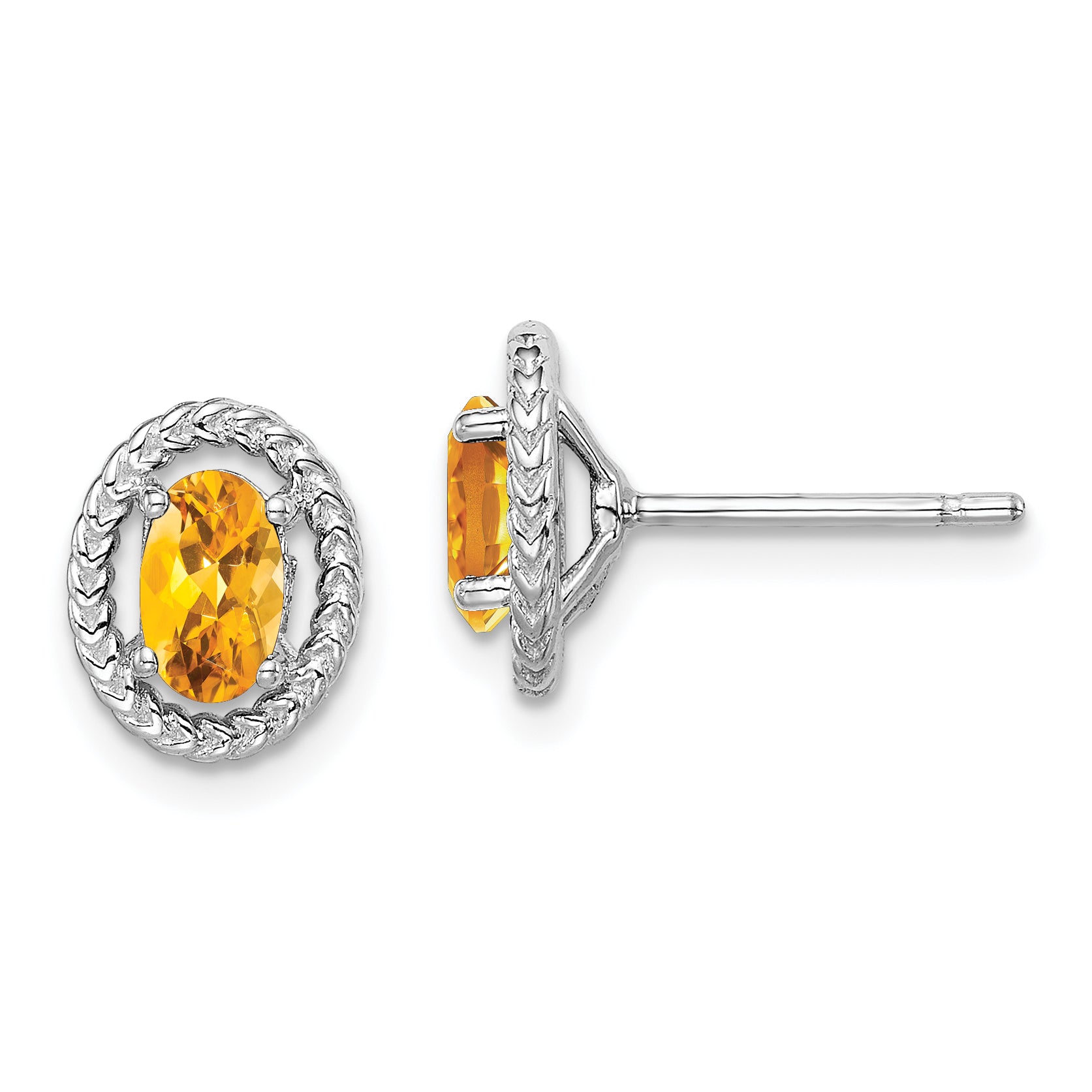 Sterling Silver Rhod-plat Citrine Oval Post Earrings