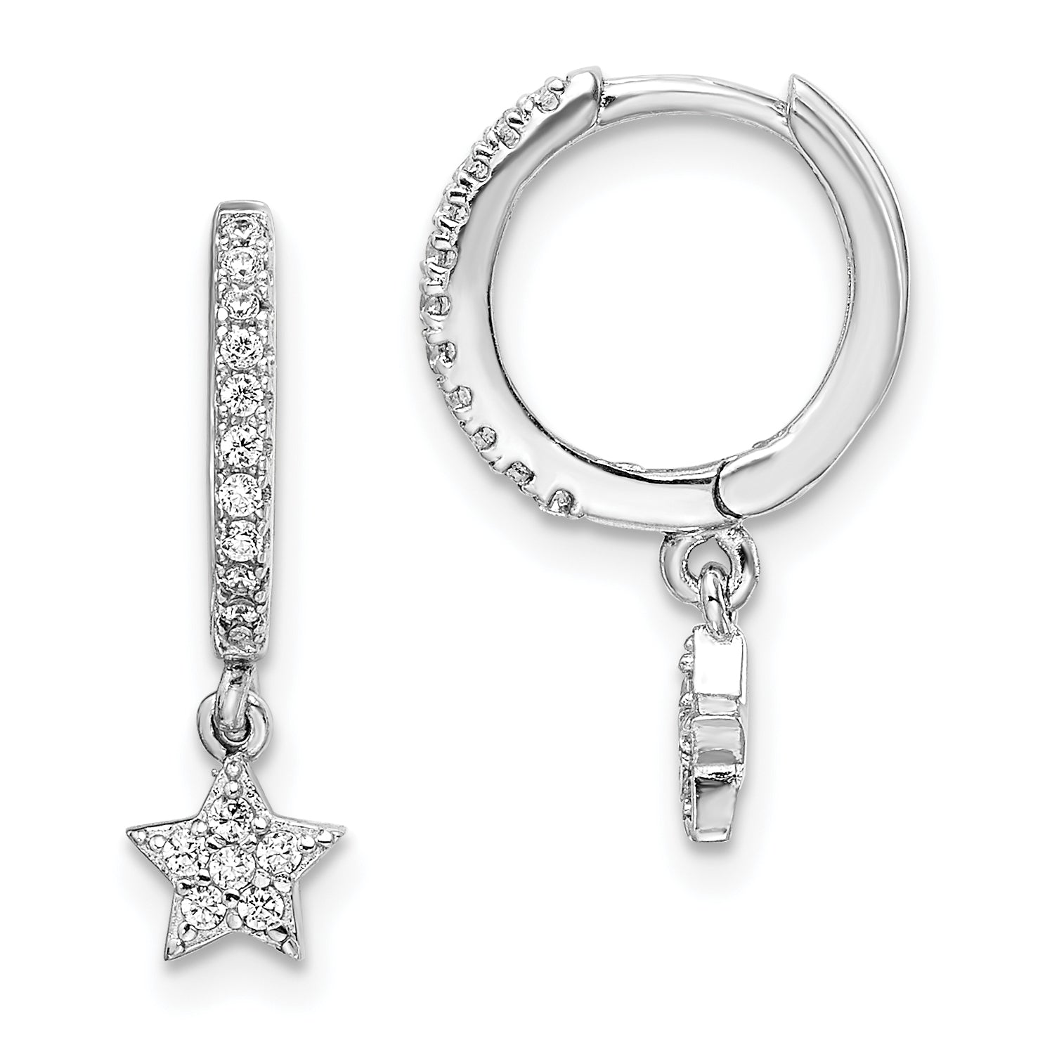 Sterling Silver Rhodium-Plated CZ Hoops with Star Dangle Earrings