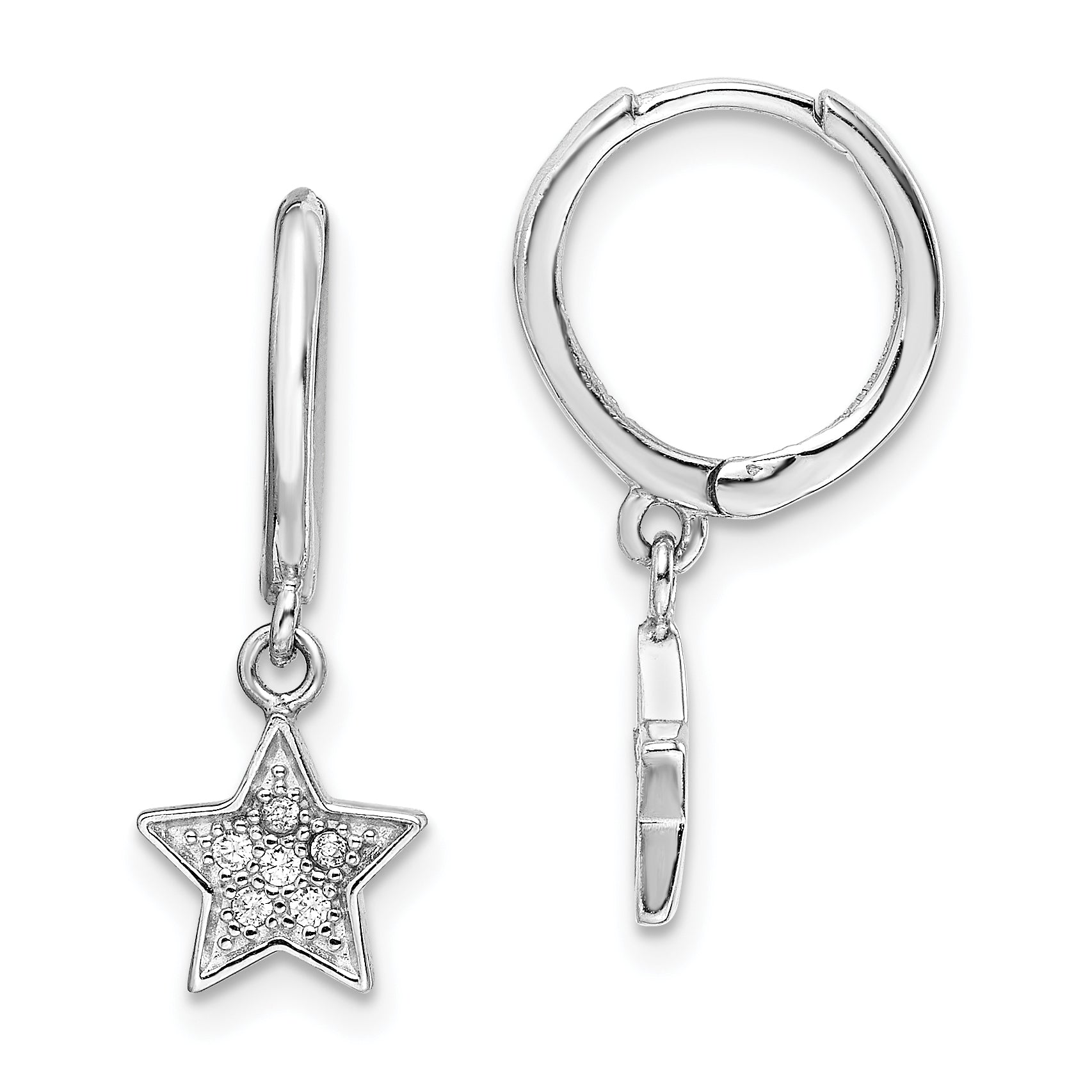 Sterling Silver Rhodium-Plated Hoops with CZ Star Dangle Earrings