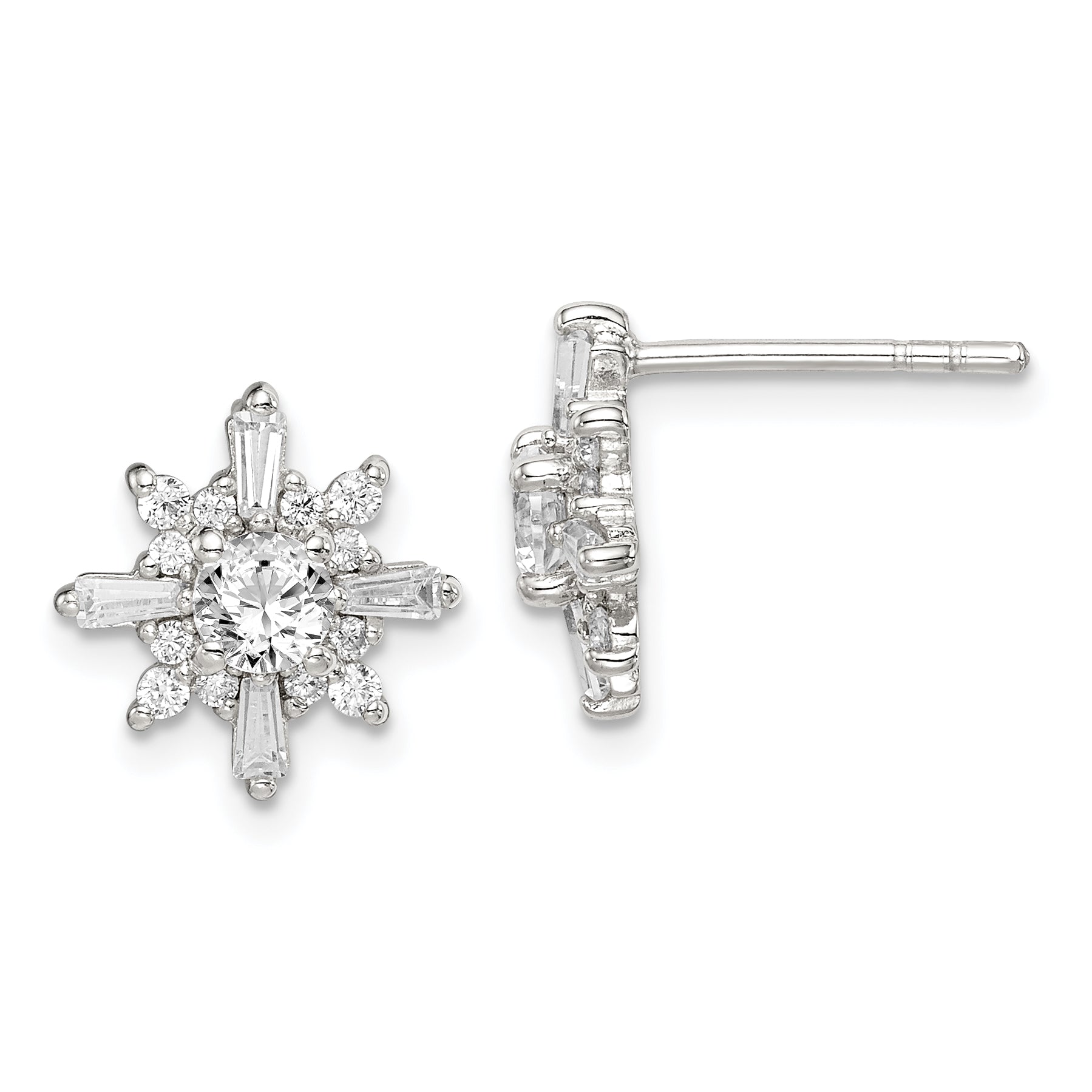 Sterling Silver Polished CZ Snowflake Post Earrings
