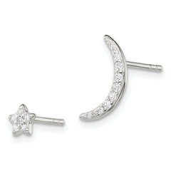 Sterling Silver Polished CZ Moon and Star Post Earrings