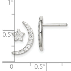 Sterling Silver Polished CZ Moon and Star Post Earrings