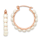 Sterling Silver Rose-tone 18k Flash Gold-plated 4-5mm White Button Freshwater Cultured Pearl Hoop Earrings