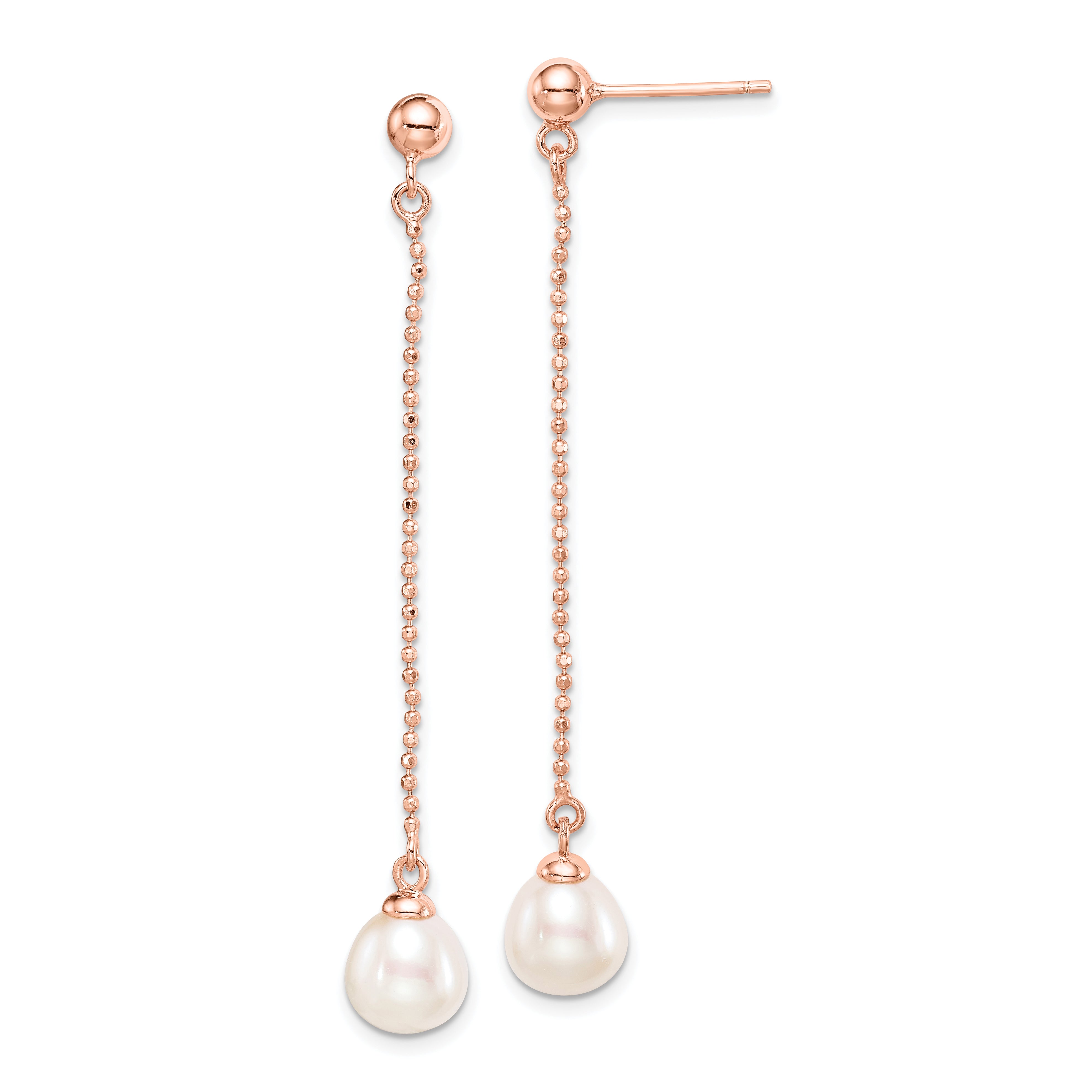 Sterling Silver Rose-tone 18k Flash Gold-plated 7-8mm White Rice Freshwater Cultured Pearl Post Dangle Earrings