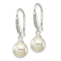 Sterling Silver Rhodium-plated Polished White 7-8mm Shell Pearl & CZ Dangle Earrings