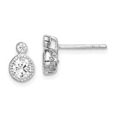 Sterling Silver RH-plated Polished & Beaded Double CZ Circle Post Earrings
