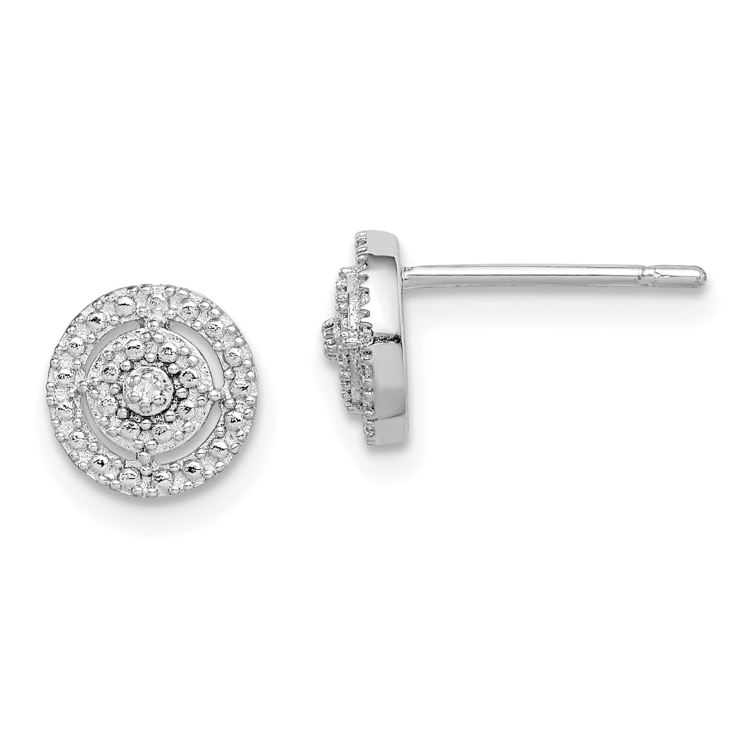 Sterling Silver RH-plated Polished & Textured Diamond Circle Post Earrings