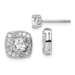 Sterling Silver RH-plated 5mm Round CZ Post w/ Square Jackets Earrings