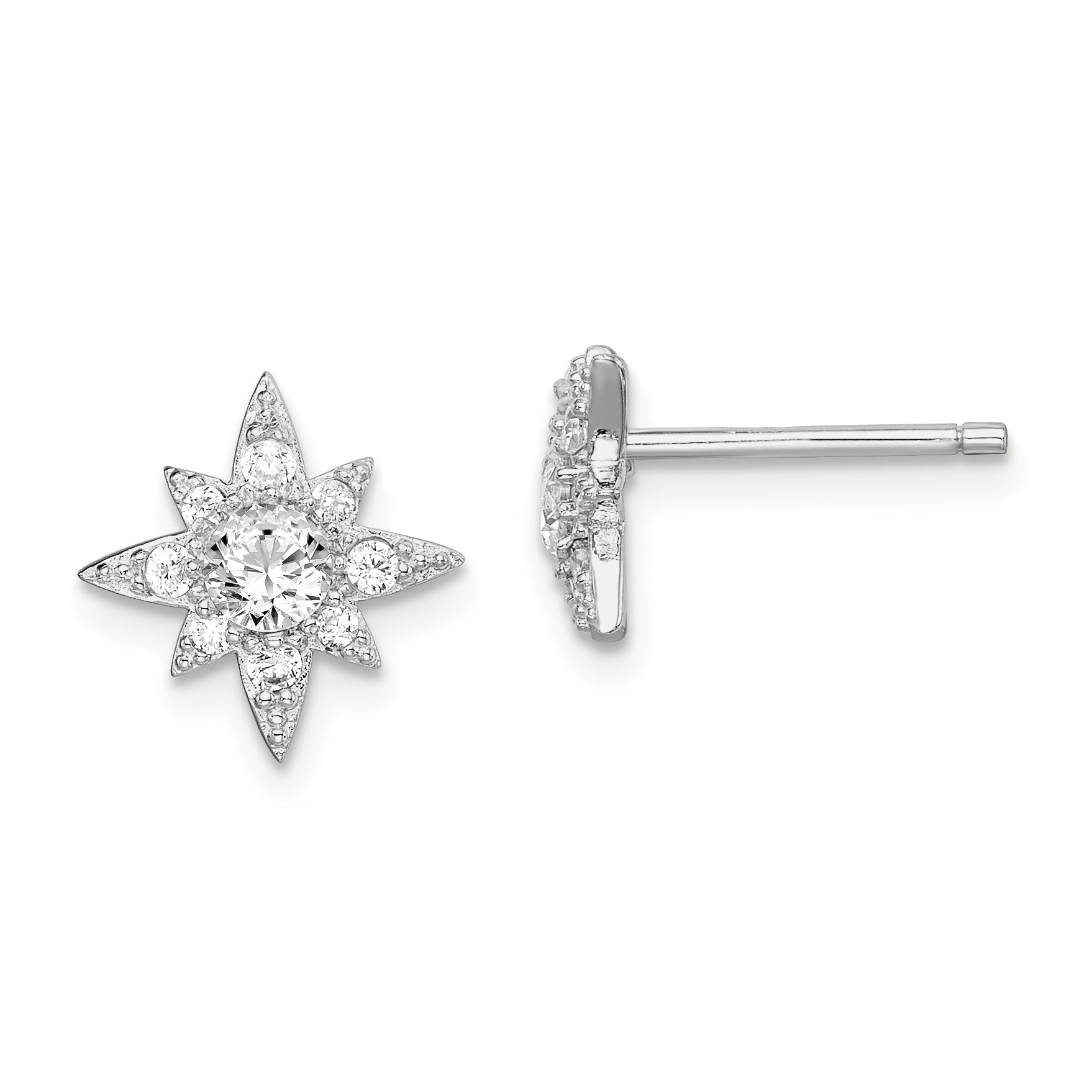 Sterling Silver Rhodium-plated Polished & Beaded CZ Star Post Earrings
