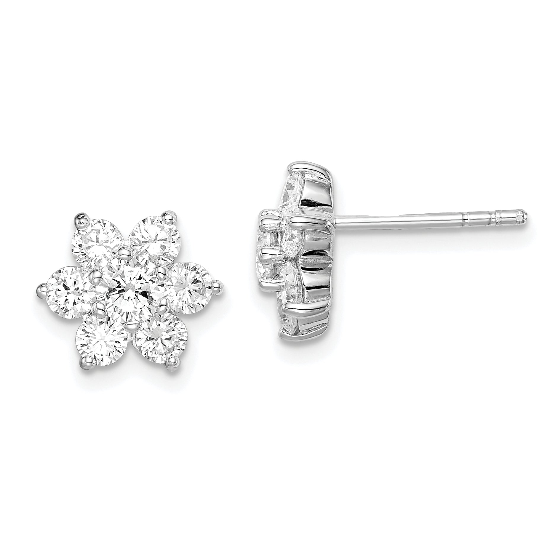 Sterling Silver Rhodium Plated CZ Post Flower Earrings