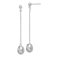 Sterling Silver Rhodium-plated 7-8mm Grey Teardrop Freshwater Cultured Pearl Post Dangle Earrings