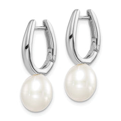 Sterling Silver Rhodium-plated 7-8mm White Rice Freshwater Cultured Pearl Dangle Hoop Earrings