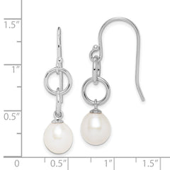 Sterling Silver Rhodium-plated 7-8mm White Teardrop Freshwater Cultured Pearl Circle Dangle Earrings