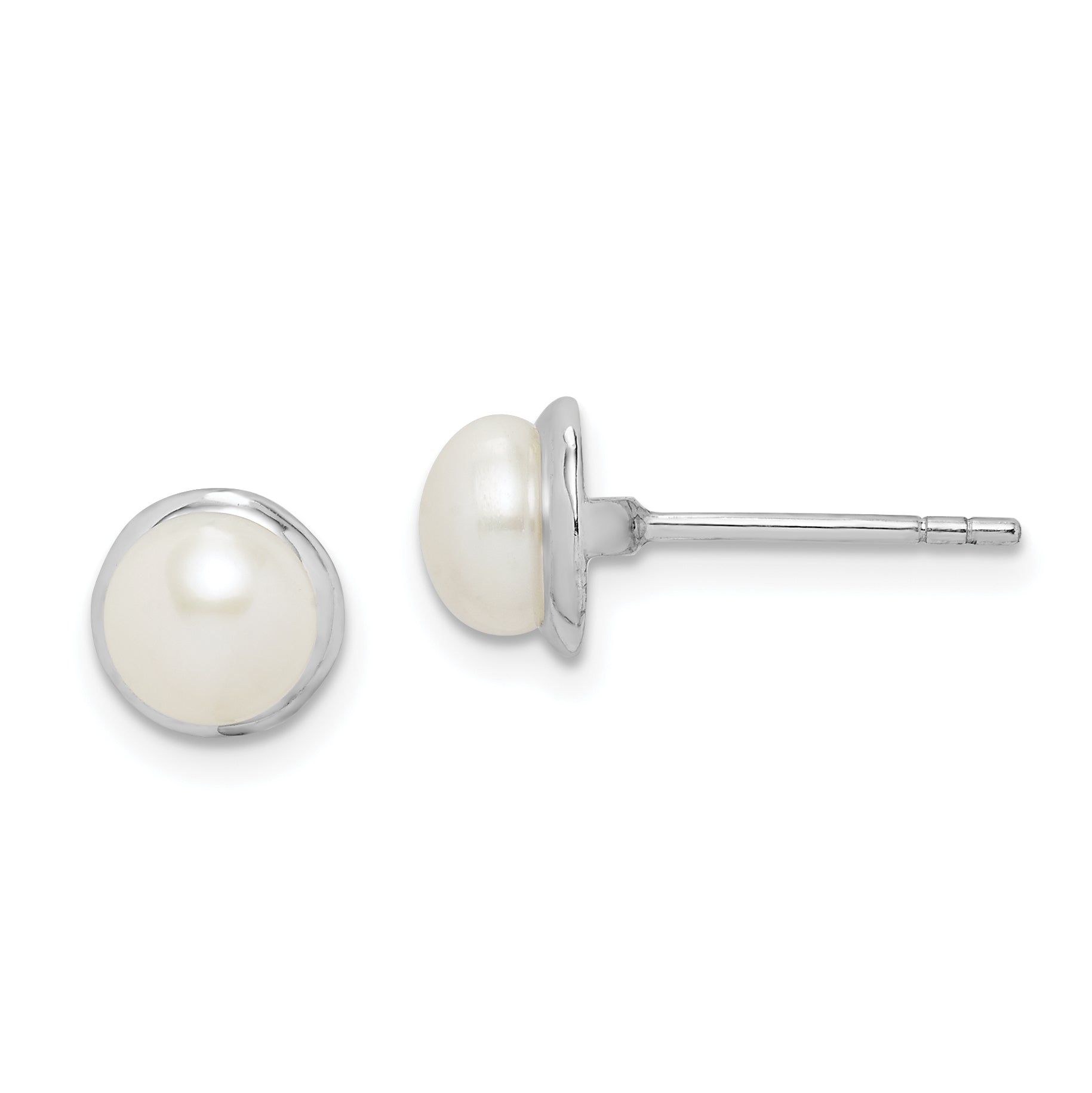 Sterling Silver Rhodium-plated 6-7mm White Button Freshwater Cultured Pearl Post Earrings