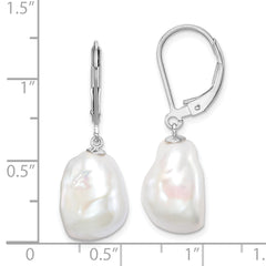 Sterling Silver Rhodium-plated 11-12mm White Keshi Freshwater Cultured Pearl Leverback Dangle Earrings