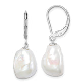Sterling Silver Rhodium-plated 11-12mm White Keshi Freshwater Cultured Pearl Leverback Dangle Earrings