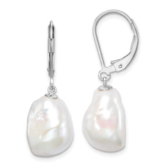 Sterling Silver Rhodium-plated 11-12mm White Keshi Freshwater Cultured Pearl Leverback Dangle Earrings