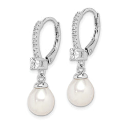 Sterling Silver Rhodium-plated 7-8mm White Teardrop Freshwater Cultured Pearl and CZ Leverback Dangle Earrings