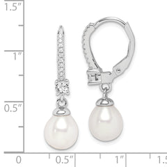Sterling Silver Rhodium-plated 7-8mm White Teardrop Freshwater Cultured Pearl and CZ Leverback Dangle Earrings