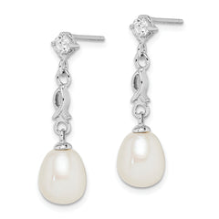 Sterling Silver Rhodium-plated 7-8mm White Rice Freshwater Cultured Pearl and CZ Post Dangle Earrings
