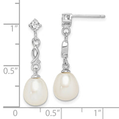 Sterling Silver Rhodium-plated 7-8mm White Rice Freshwater Cultured Pearl and CZ Post Dangle Earrings