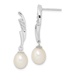 Sterling Silver Rhodium-plated 7-8mm White Rice Freshwater Cultured Pearl and CZ Post Dangle Earrings
