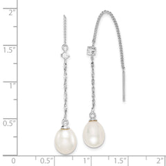 Sterling Silver Rhodium-plated 7-8mm White Teardrop Freshwater Cultured Pearl and CZ Threader Earrings