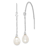 Sterling Silver Rhodium-plated 7-8mm White Teardrop Freshwater Cultured Pearl and CZ Threader Earrings
